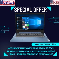 Lenovo Ideapad 1 14igl05 81VU, 14 Inch HD TN Display, Intel Pentium N5030 3.10 Ghz, 4GB Ram, 128GB SSD, Win 10 S Mode, Ice Blue.