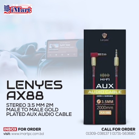 Lenyes AX88 Stereo 3.5 MM 2M male to Male Gold Plated Aux Audio Cable.